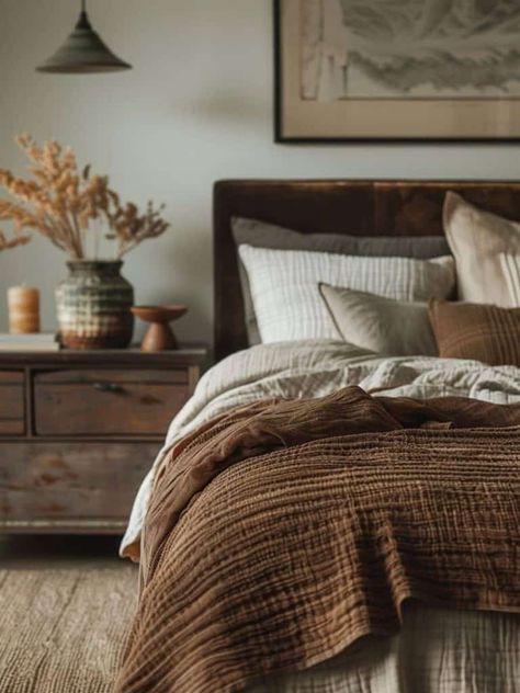 Modern Bedsheets Designs, Earthy Western Bedroom, Bedding Ideas Earth Tones, Cozy Bed Inspiration, Cozy Organic Bedroom, Grey Earthy Bedroom, National Parks Bedroom, Cozy Transitional Bedroom, Bedding Color Scheme Ideas