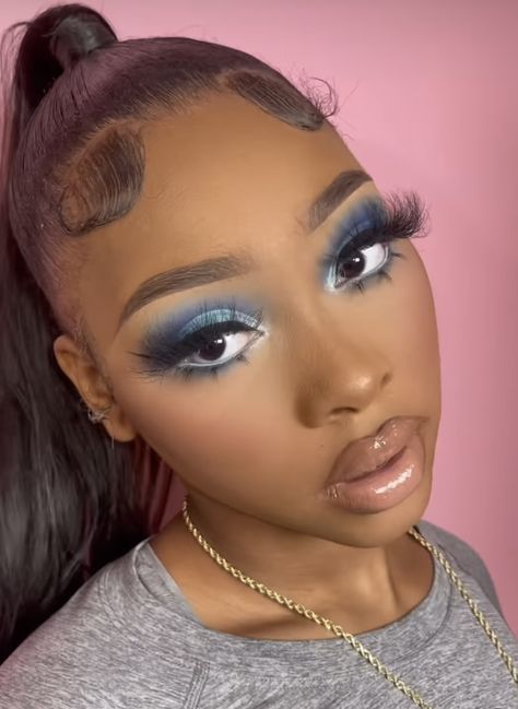 Blue Natural Makeup Looks, Make Up Looks For Prom Blue Dress, Black Woman Blue Makeup, Blue And Black Makeup Looks Black Women, Royal Blue And Black Makeup Looks, Cute Blue Dress Aesthetic, Blue Lipstick Makeup Black Women, Pink And Blue Makeup Looks Black Women, Blue Dress Makeup Black Women