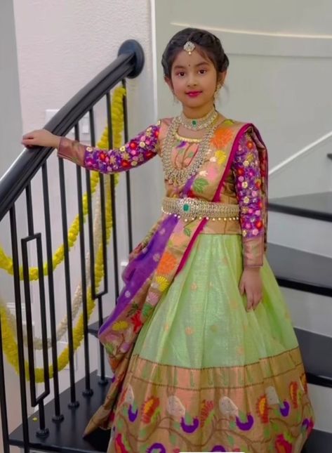 Kids Half Saree Blouse Designs, Half Saree Lehenga For Kids, Kids Half Saree Designs, Lehanga For Kids, Pattu Langa, Kids Lehenga Choli, Kids Party Wear Dresses, Simple Frock Design, Kids Ethnic Wear