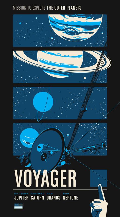 Historic Robotic Spacecraft Poster Series by Chop Shop. Poster #1: Voyager Retro Space Posters, Space Travel Posters, Art Spatial, Outer Planets, Graphisches Design, 카드 디자인, Space Poster, Poster Series, Vintage Space