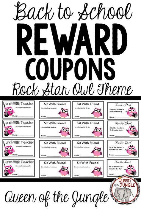 These fun Rock Star Owl themed Reward Coupons for the classroom are incentives that kids can work towards earning. The printable coupons are great for use in elementary classroom management. #rewardcoupon #studentreward Classroom Currency, Elementary Classroom Management, Classroom Cash, Classroom Management Elementary, Queen Of The Jungle, Student Rewards, Teacher Products, Teacher Desk, Reward Coupons