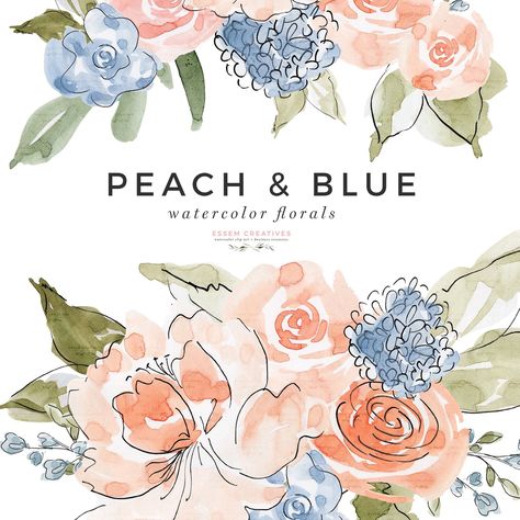 Peach and Blue Watercolor Flowers with line art for Wedding Invitation, Floral Graphics Illustrations | PEACH & BLUE Watercolor Flowers is a set of modern, hand painted watercolor clipart, floral wreath images, floral frames, and more. Summer Hydrangea, Blue Watercolor Flowers, Blue Watercolor Floral, Flowers Clipart, Frame Clipart, Watercolor Wedding Invitations, Hand Painted Flowers, Frame Wreath, Floral Border