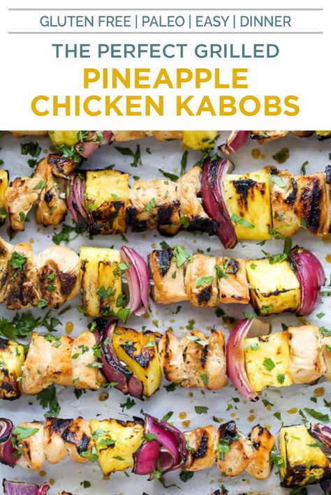 Summer was meant for all things grilled, including this Pineapple Chicken Kabobs recipe These easy chicken kabobs are layered with tender marinaded chicken, juicy pineapple and red onion then finished on the grill to lock in all the flavors! Plus I'm going to show you have to make the a pineapple chicken sauce for the best kabobs ever! #chickenrecipes #kabobs #paleorecipes #grillrecipes Easy Chicken Kabobs, Pineapple Chicken Kabobs, Summer Dinner Recipes Grill, Grilled Pineapple Chicken, Chicken Kabob Recipes, Grilled Chicken Kabobs, Grilling Kabobs, Steak Kabobs, Paleo Chicken Recipes