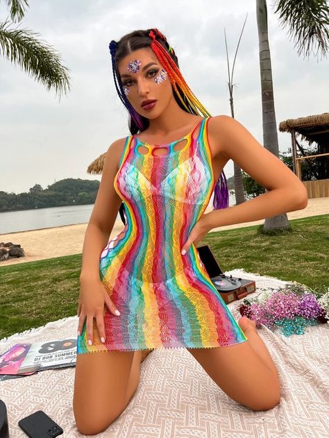 Rainbow Striped Mesh Cut Out Bodycon Dress Without Lingerie Set | SHEIN USA Cut Out Bodycon Dress, Lingerie Outfits, Beach Wear Dresses, Rainbow Stripes, Clothing Boutique, Lingerie Set, Casual Dresses For Women, Boutique Clothing, Ibiza