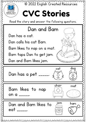 Cvc Comprehension Worksheets, Cvc Stories, Kindergarten Comprehension Worksheets, Cvc Worksheets Free, English Created Resources, Kindergarten Comprehension, Cvc Reading, First Grade Reading Comprehension, Cvc Worksheets