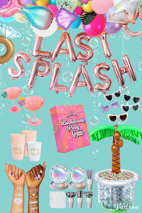 The first step to a killer bachelorette party? A winning theme, of course. And what better way to celebrate your bestie's last wild weekend of singledom than with a 'Last Splash' bachelorette party theme? Here's everything you need to pull off the summer-themed blowout, from adorable pool floats and palm tree coolers to the cutest bubble garlands you've ever seen. Bachelorette Party Ideas Pool, Waterpark Bachelorette Party, Last Splash Bachelorette Decorations, Last Splash Bachelorette Party Ideas, Brides Last Splash, Last Splash Bachelorette, Last Splash, Last Splash Bachelorette Party, Last Splash Bachelorette Party Invitations