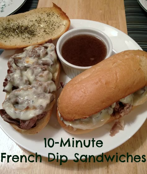 10 Minute French Dip Sandwiches - Eat at Home French Dip Sandwiches, Roast Beef Sandwich, Dip Sandwiches, Eat At Home, Beef Sandwiches, Sandwich Bar, French Dip Sandwich, Dinner Sandwiches, Sandwich Ingredients