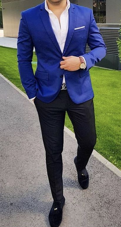 Camisa Azul Hombre Outfit Formal, Blue Blazer And Black Pants, Royal Blue Blazer Outfit Men, Outfit Saco Azul, Blue Blazer Outfit Men, Blue Colour Shirt, Blue Blazer Outfit, Blue Blazer Men, Blue Pants Men