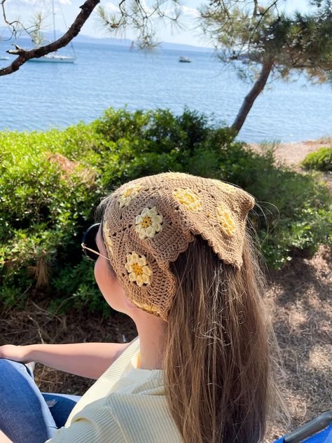 Crochet Hair Bandana, Hair Kerchief, Kerchief Hair, Hair Bandana, Daisy Crochet, Beige Hair, Hippie Hair, Crochet Hair Accessories, Head Wrap Scarf