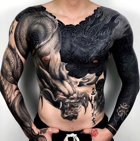 Tato Irezumi, Dragon Sleeve, Dragon Sleeve Tattoos, Chinese Tattoo, Dragon Tattoos, Cat Tattoos, Irezumi Tattoos, Chest Tattoo Men, Body Suit Tattoo