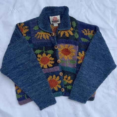 Gorgeous super rare vintage Amano patchwork... - Depop Amano Sweater, Funky Cardigans, Amano Knitwear, Aesthetic Cardigans, Sunflower Sweater, Thrift Manifestation, Thrift Wishlist, Vintage Knitwear, Upcycle Sewing