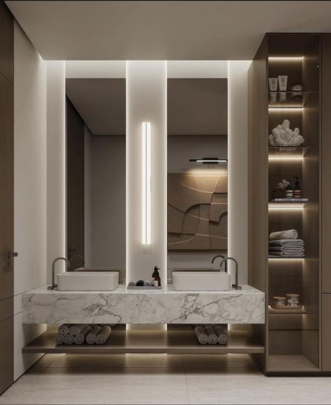 Elegant Bathroom Design, Bathroom Lighting Ideas, Bathroom Design Styles, Bathroom Interior Design Modern, Bathroom Cabinets Designs, Wc Design, Restroom Design, Bathroom Inspiration Modern, Bathroom Decor Luxury