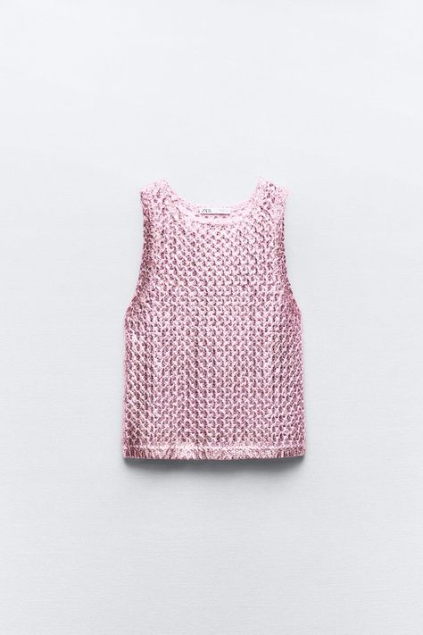 FOIL KNIT TOP - Pink | ZARA United Kingdom Crochet Coat, Pink Metallic, Crochet Jacket, Crochet Shirt, Metallic Fabric, Metallic Foil, Skorts, Blazer Dress, Swimwear Accessories