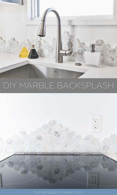 This DIY Marble Backsplash was made out of mesh-mounted hexagon tiles. For more information on this DIY Marble Backsplash go to HomeMade-Modern.com Hexagon Marble Backsplash, Honeycomb Backsplash, Install Backsplash, Hexagon Marble Tile, 3d Printed Furniture, Backsplash Diy, Diy Sofa Bed, Tiles Backsplash, Homemade Modern