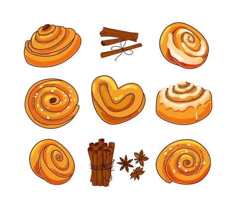 A set of buns with cinnamon and icing su... | Premium Vector #Freepik #vector #cinnamon-roll #sweets #sweet-food #confectionery Cinnamon Bun Illustration, Cinnamon Roll Clipart, Cinnamon Rolls Drawing, Cinnamon Roll Drawing, Cinnamon Tattoo, Barcelona Drawing, Homemade Recipe Books, Cinnamon Icing, Journal 2024