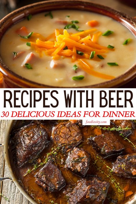 This diverse collection of 30 beer-infused recipes highlights the versatility and unique flavor that beer can bring to a range of dishes. Whether it's a comforting beer cheese soup, a crispy batch of beer-battered fish, or a decadent stout chocolate cake, each recipe offers a delightful twist, showcasing how beer can transform and elevate everyday cooking. Recipes To Use Up Beer, Food With Beer Recipes, Beer Infused Food, Recipes With Beer In Them, Recipes Using Beer, Cooking With Beer Recipes, Beer Recipes Food, Recipes With Beer, Marinated Grilled Vegetables