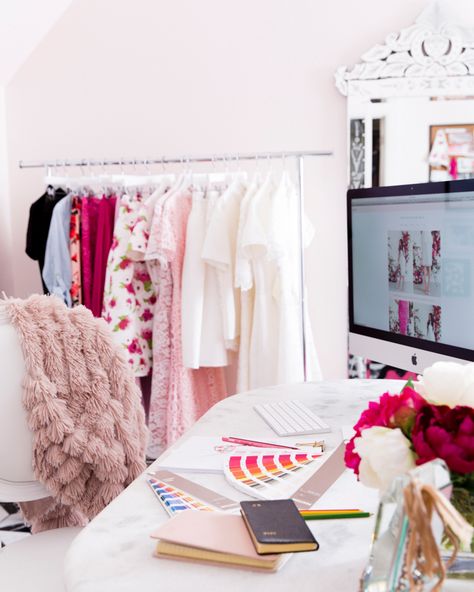 Rachel Parcell Pink Peonies, Marble Top Desk, Feminine Office Space, Feminine Office Decor, Home Office Closet, Feminine Home Offices, Marble Desk, Pink Office, Rachel Parcell