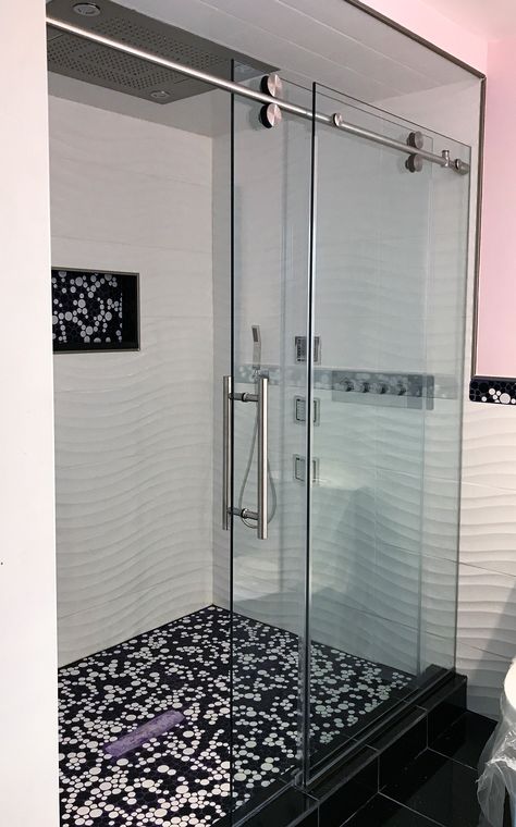 Rolling Glass Shower Door, Rolling Shower Glass Door, Sliding Shower Door Makeover, Barn Door Shower Doors, Shower Barn Door, Bathroom Sliding Glass Door, Barn Door Shower, Barn Door Ideas, Sliding Shower Screens