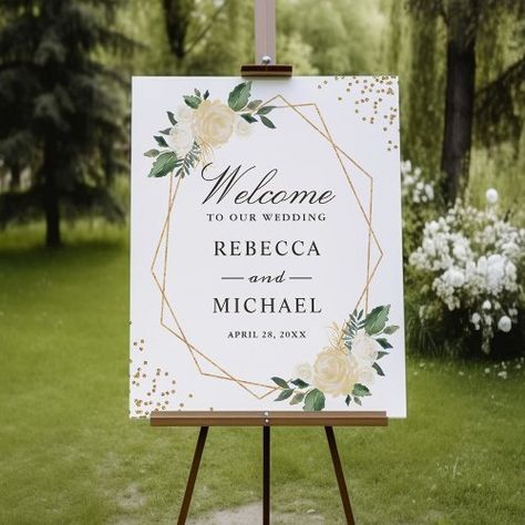 $21.35 | Greenery Gold Glitters Floral Wedding Welcome Sign #wedding sign, wedding, reception, welcome, watercolor, green, gold, modern, frame, flowers Green Gold Weddings, Geometric Frame, Welcome Poster, Wedding Welcome Sign, Welcome To Our Wedding, Gold Geometric, Wood Board, Create Sign, Wedding Welcome