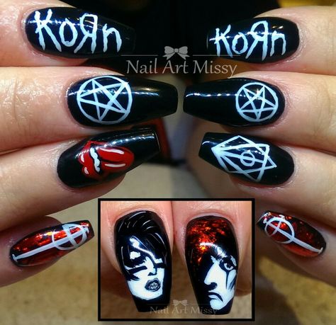 Korn Acrylic Nails, Rock Band Nail Art, Ghost Band Nail Art, Heavy Metal Nail Art, Korn Band Nails, Korn Nail Ideas, Korn Nail Art, Band Nails Rock, Rock Band Nails