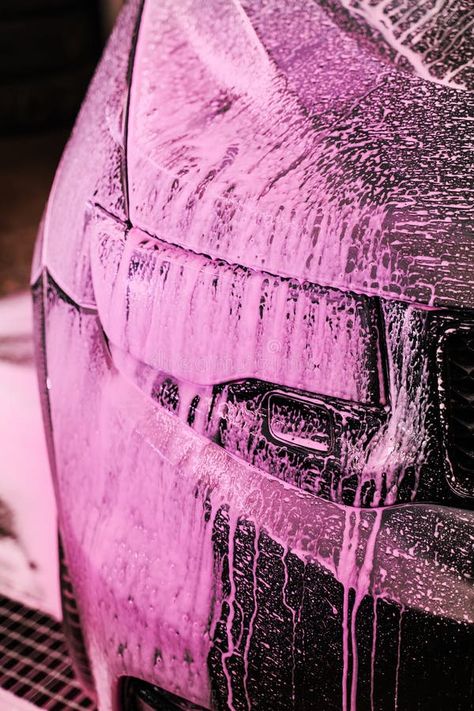 Pink foam on the car. The process of cleaning car with pink foam. Manual vehicle washing at a self-service car wash. stock image Car Wash Aesthetic, Self Service Car Wash, Service Car, Clean Car, Pink Car, Auto Service, Car Club, Self Service, Car Cleaning