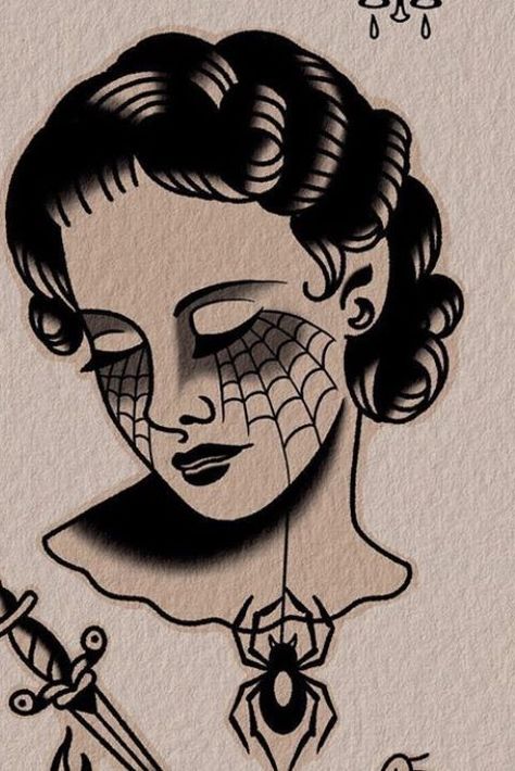 Traditional Tattoo Ditch, Retro Vintage Tattoo, Black Ink Tattoos Traditional, How To Draw New School Style, Traditional American Style Tattoo, Trad Tattoo Hand, American Traditional Tattoos Women Faces, Trad Black Tattoo, Old School Women Tattoo