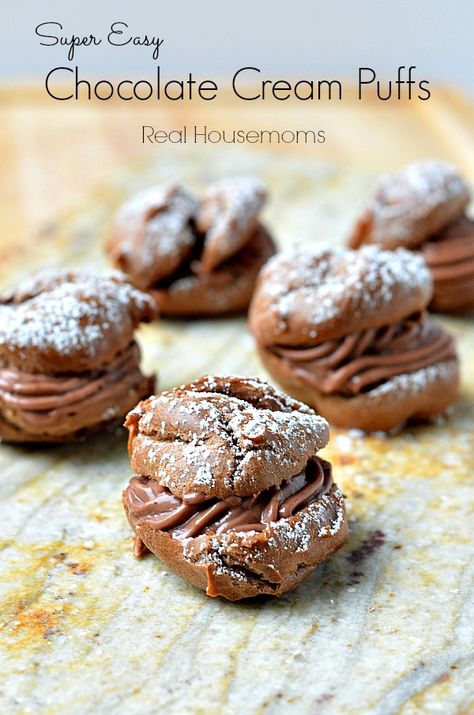 Super Easy Chocolate Cream Puffs | Real Housemoms | #chocolate #creampuffs #dessert Chocolate Cream Puffs, Chocolate Cream Puff, Cream Puff Recipe, Puff Recipe, Cream Puff, Pastry Desserts, Cream Puffs, Chocolate Cream, Eclairs