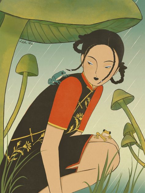 A portrait of a woman witha frog on her back, among mushrooms Colossal Art, Free Art, Asian Art, Original Work, Japanese Art, Digital Illustration, Art Inspo, Artwork Prints, Cool Art