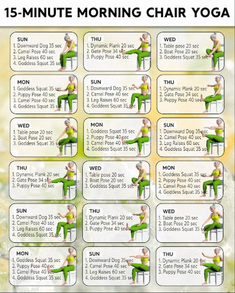 Free Chair Yoga For Seniors Chart, Chair Yoga Free Printable, 28 Day Chair Yoga Free, Chair Yoga Free, Yoga Post, Yoga Chart, Beginner Exercises, Morning Workout Routine, Morning Exercise