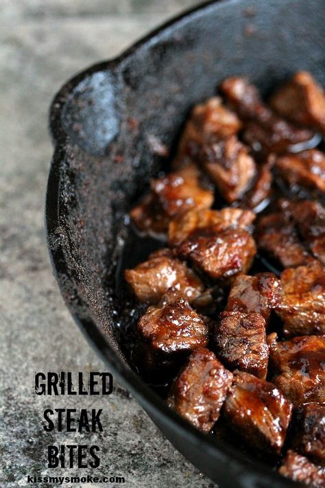 Steak Bites | Kiss My Smoke | Perfectly easy to make grilled steak bites. Seriously scrumptious! There's also a recipe for potato bites and it sounds delicious!! Potato Bites, Steak Bites, Grilled Steak, Kiss My, Iron Skillet, Cast Iron Skillet, Beef Dishes, Meat Dishes, Appetizer Snacks