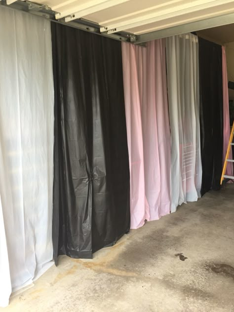 Pink, black, & white plastic table clothes for my daughters first birthday party in the garage! :) such a cute way to hide the husbands tools! Garage Birthday Party Set Up, Garage First Birthday Party, Birthday In Garage Party Ideas, Transform Garage Into Party Space, Small Garage Party Set Up Ideas, How To Cover An Ugly Wall For A Party, Party In The Garage, Hide Garage Walls For Party, How To Cover Garage Walls For A Party Diy