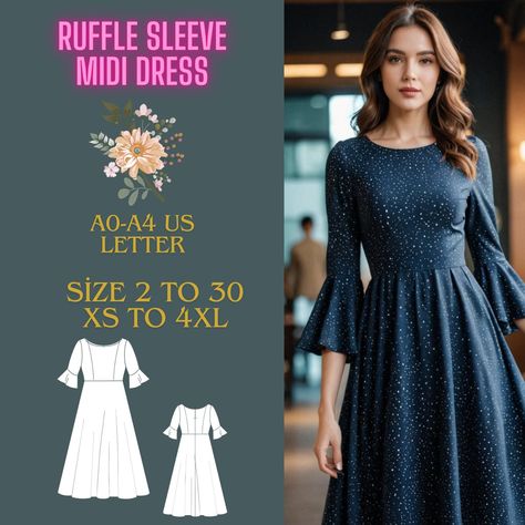 Midi length dress model with ruffle sleeves Sewing Pattern,Sizes ; US 2 to 30 and XS to 4XL,Suitable A0- A4-US Letter Ruffles Sleeves Dress, Long Sleeve Dress Sewing Pattern Free, Formal Gown Sewing Pattern, Midi Dress Sewing Pattern Free, Modest Dress Sewing Patterns, Modest Dress Patterns Sewing, Winter Dress Patterns, Ruffle Sleeve Dress Pattern, Winter Dress Pattern