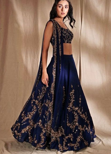 Zari Lehenga, Midnight Blue And Gold, Royal Blue Lehenga, Lengha Blouse Designs, Gold Lehenga, Simple Lehenga, Raw Silk Lehenga, Zardosi Work, Indian Outfits Lehenga