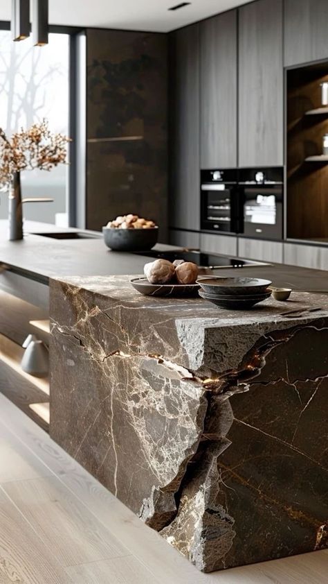 Dark Stone Interior, Dark Stone Kitchen, Stone Kitchen Design, Kitchen Wallpaper Design, Interior Design Mistakes, Island Marble, Stone Kitchen Island, Pantry Inspiration, Kitchen Interior Design