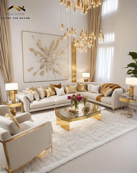 Gold White Interior Design, Golden Sofa Living Room, Classy Living Room, Elegant Living Room Decor, Rental Business, Gold Living Room, Furniture Rental, Glam Living Room, Gold Home Decor