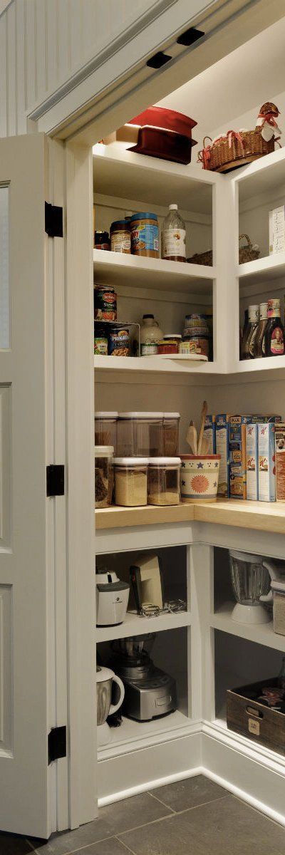 An Easy Way to Add More Counter Space to Your Kitchen. Looking for remodel or renovation ideas? Upgrade your pantry, no matter what size it is, with a countertop at waist level instead of a shelf. Farmhouse Pantry, Pantry Remodel, Pantry Shelving, Pantry Closet, Small Pantry, Kitchen Pantry Design, Kitchen Pantry Cabinets, Pantry Door, Pantry Design