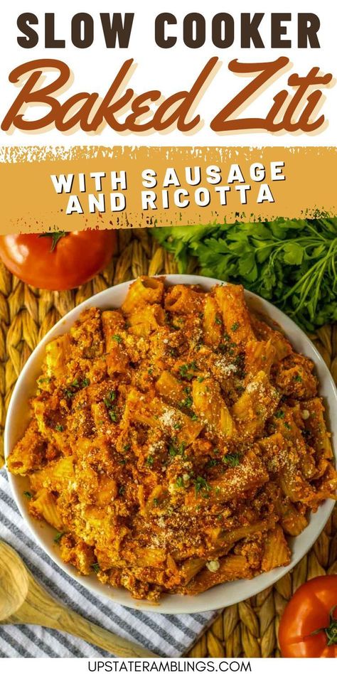 Slow Cooker Baked Ziti Ziti Crockpot Recipes, Baked Ziti Crockpot, Crock Pot Ziti, Crock Pot Baked Ziti, Slow Cooker Banana Bread, Slow Cooker Baked Ziti, Sausage Ricotta, Baked Ziti With Ricotta, Baked Ziti With Sausage