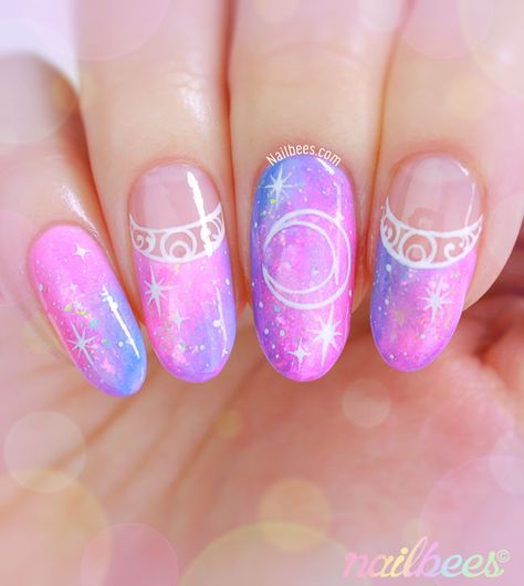 Sailor Moon Nail Art                                                                                                                                                                                 More Sailor Moon Nail Art, Moon Nail Art, Sailor Moon Nails, Kawaii Nail Art, Moon Galaxy, Unghie Nail Art, Moon Nails, Anime Nails, Unicorn Nails