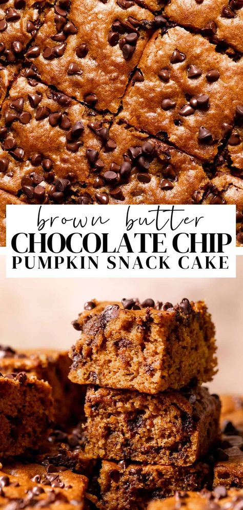 Chocolate chip pumpkin cake is a moist, one-bowl pumpkin cake with fall spices, pumpkin puree, brown butter, and mini chocolate chips! Easy Bake Cake, Fun Fall Desserts, Pumpkin Snack, Brown Butter Chocolate Chip, Pumpkin Loaf, Pumpkin Chocolate Chip Bread, Pumpkin Cake Recipes, Chocolate Chip Cake, Pumpkin Bread Recipe