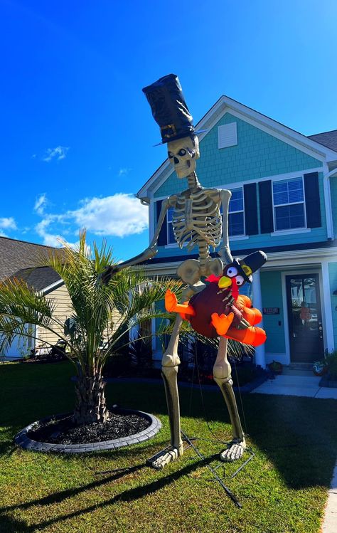 Giant Skeleton Thanksgiving, Thanksgiving 12ft Skeleton, 12 Foot Skelly Ideas, Skeleton And Pumpkin Decor, Giant Skeleton Yard Ideas, 12 Ft Skeleton Decor, 12 Foot Skeleton Ideas For Thanksgiving, 12ft Skeleton Outfits, 10ft Skeleton Ideas