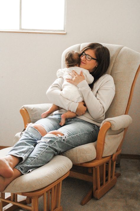 Baby photoshoot, nursery, photo, idea, baby, rocking chair, modern In Home Photoshoot, Chair Photography, Baby Rocking Chair, Home Photoshoot, Rocking Chair Nursery, Holding Baby, Backyard Projects, Photo Idea, Baby Photoshoot