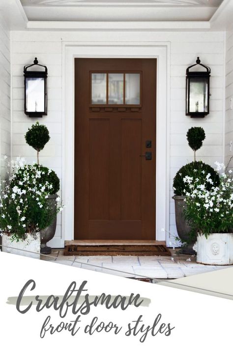 Trending Front Door Styles: Craftsman Shaker Front Door, Front Door Craftsman, White Craftsman House, Entry Door Styles, Craftsman Style Front Doors, White Craftsman, Craftsman Front Door, Coastal Craftsman, Craftsman Style Doors