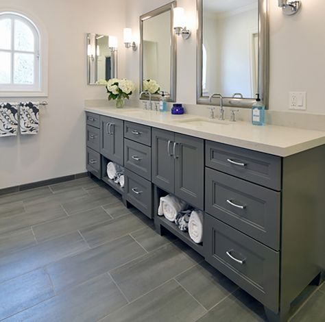 Dura Supreme "Graphite" master bathroom design by Linda Williams of Hahka Kitchens, California. Bathroom Dark Grey Vanity, Bathroom Colors With Gray Vanity, Dark Grey Bathroom Cabinets, Bathroom Cabinet Color Ideas, Grey Cabinets Bathroom, Bathroom Vanity Colors, Grey Bathroom Paint, Popular Grey Paint Colors, Townhome Ideas