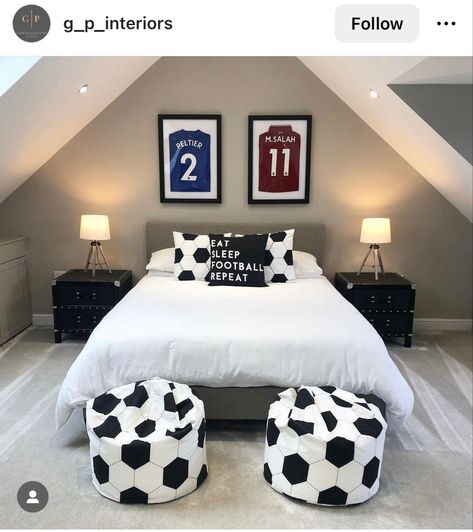 Boys Aston Villa Bedroom, Tottenham Bedroom Ideas, Lfc Bedroom Ideas, Teenage Soccer Bedroom, Messi Bedroom Ideas, Man City Bedroom Ideas, Boys Bedroom Ideas Soccer, Teen Boy Soccer Bedroom, Teenage Boys Bedroom Ideas Football