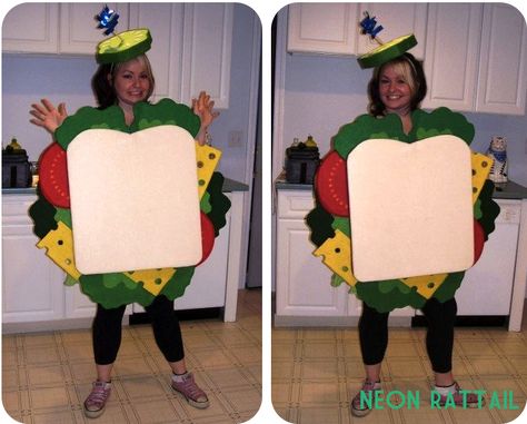 When I said that my DIY Cupcake Costume was only for hardcore Halloween-ers, I may have spoken too soon. This DIY Sandwich Costume takes the... Lunchable Costume, Sandwich Costume Diy, Diy Sandwich Board, Diy Cupcake Costume, Sandwich Costume, Diy Sandwich, Witch Costume Diy, Fancy Dress Costumes Kids, Cupcake Costume