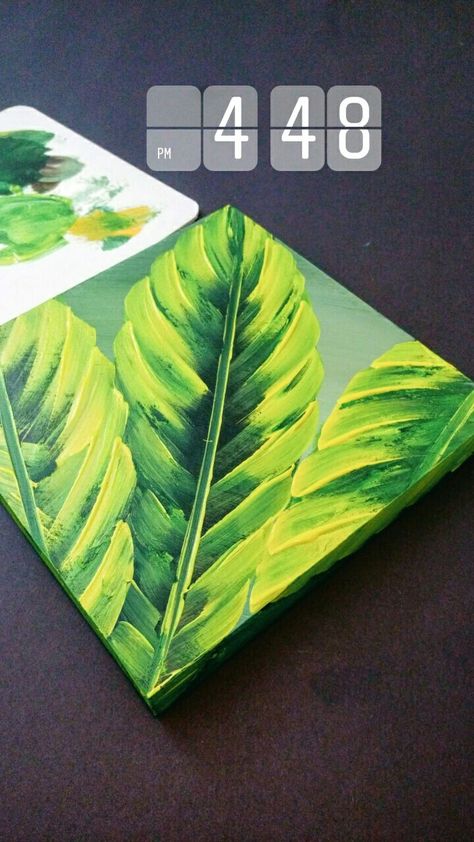 Simple leaf 🍃  painting 🎨 Acrylic painting🎨on wooden panel. Tropical Painting Acrylic Canvases, Simple Leaf Painting, Painting Leaves Acrylic, Leaf Painting Acrylic, Acrylic Beginner, Emus Art, Painted Fence, Leaf Paintings, Painting Plants