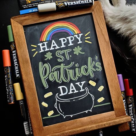 Happy St Patrick's Day! ☘️ Here's a little sign I made while my foster cat, Retro, lounges at the side. Good news is that he'll be staying with us for a while longer! 👉🏻Swipe to see the process video  and a picture of Retro judging my sign. (He wasn't impressed mostly cause I woke him up from his cat nap 😹) . Join the #GetLuckyLettering hosted by @the_letter_salon, @letteringbymhel and me! . Also joining in #letterwithusin2020, #happyletteringchallenge, #charmedletteringchallenge, #juststartl St Patricks Chalkboard Art, St Patricks Chalkboard, Diy Chalkboard Ideas, Bar Chalkboard Ideas, Composition Illustration, Chalkboard Art Diy, Chalkboard Art Quotes, Chalkboard Wall Art, Chalk Sign