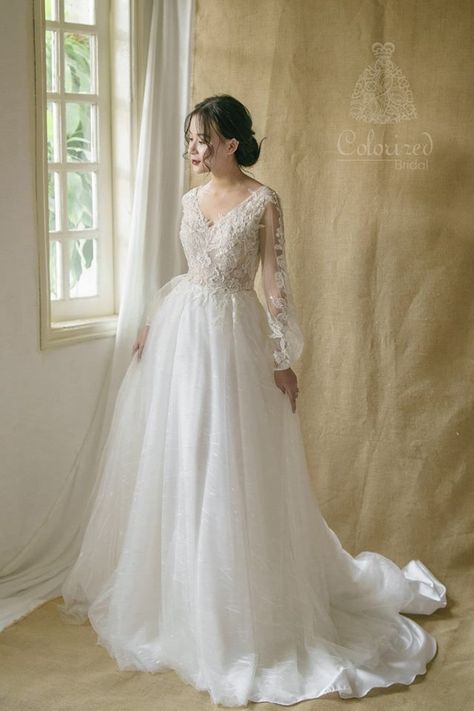 Princess Wedding Dresses Sleeves, Modest Wedding Dresses Puffed Sleeves, A Line Wedding Dresses With Sleeves, Long Sleeve Lace Wedding Dress A Line, Asian Style Wedding Dress, Wedding Dress Balloon Sleeves, Flower Wedding Dress Long Sleeve, Poet Sleeve Wedding Dress, Sheer Sleeve Wedding Dress