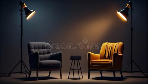 Stylish interior, two chairs, studio light, interview scene. Al stock photography Podcast Studio Chairs, Podcast Studio Lighting, Interview Studio Set Design, Small Podcast Room Ideas, Home Podcast Studio Setup, Estudio Podcast, Photography Office Ideas, Podcast Studio Design, Interview Room