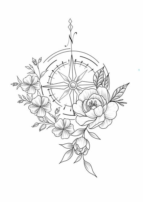 Star Tattoo With Flowers, Floral Stars Tattoo, Compass With Rose Tattoo, Compass Sleeve Tattoo Women, Simple Compass Tattoo For Women, Flower And Compass Tattoo, Mandala Compass Tattoo Feminine, Star And Flower Tattoos, Compass Tattoo With Flowers